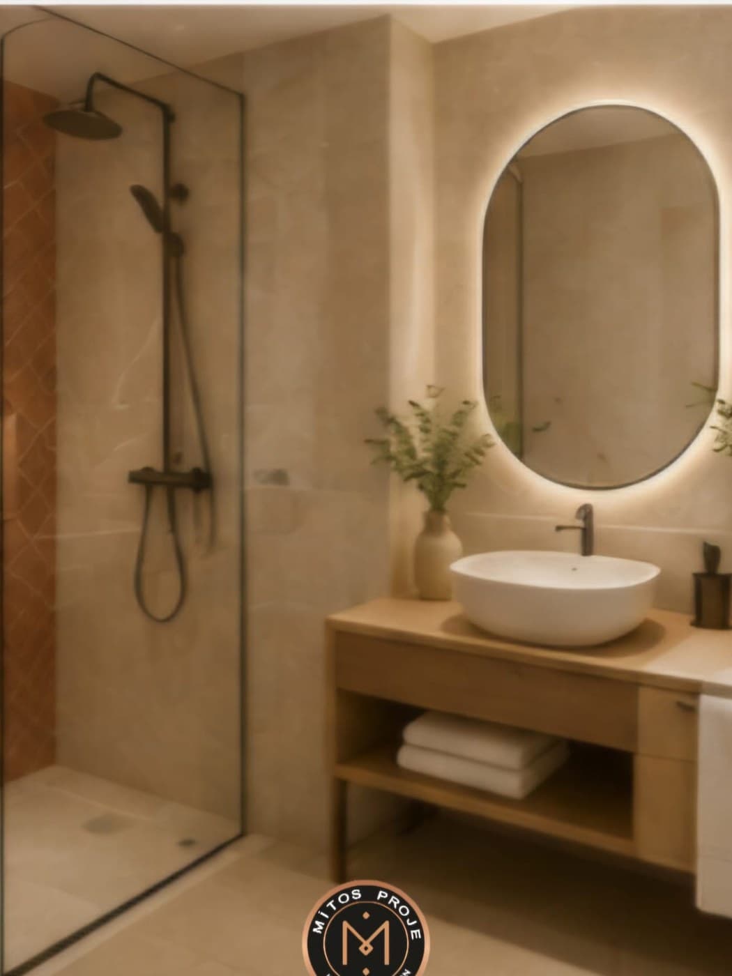 Terrakota karo kaplı duş ve ahşap tezgâhlı banyo