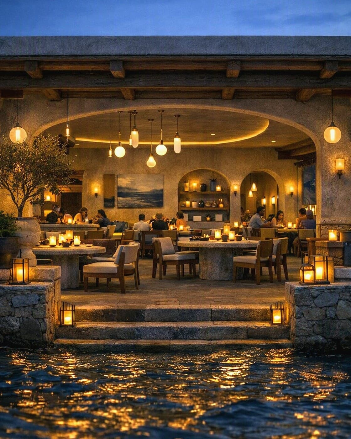 Gece deniz kıyısındaki restoranın dışarıdan görünümü ve suya vuran ışıklar