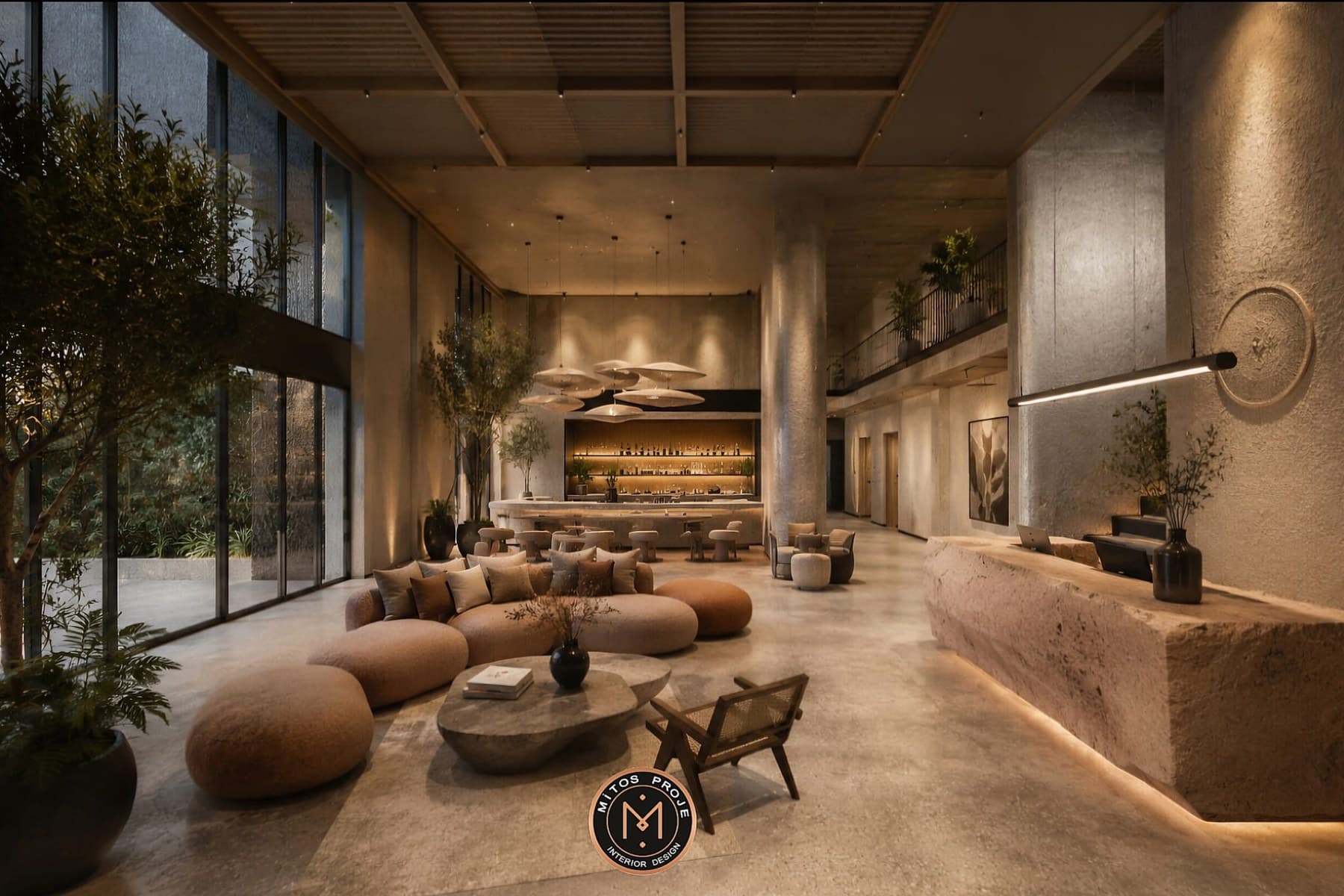 Ham taş bankolu otel lobisi, yuvarlak oturma adaları ve iç mekâna alınmış zeytin ağaçları