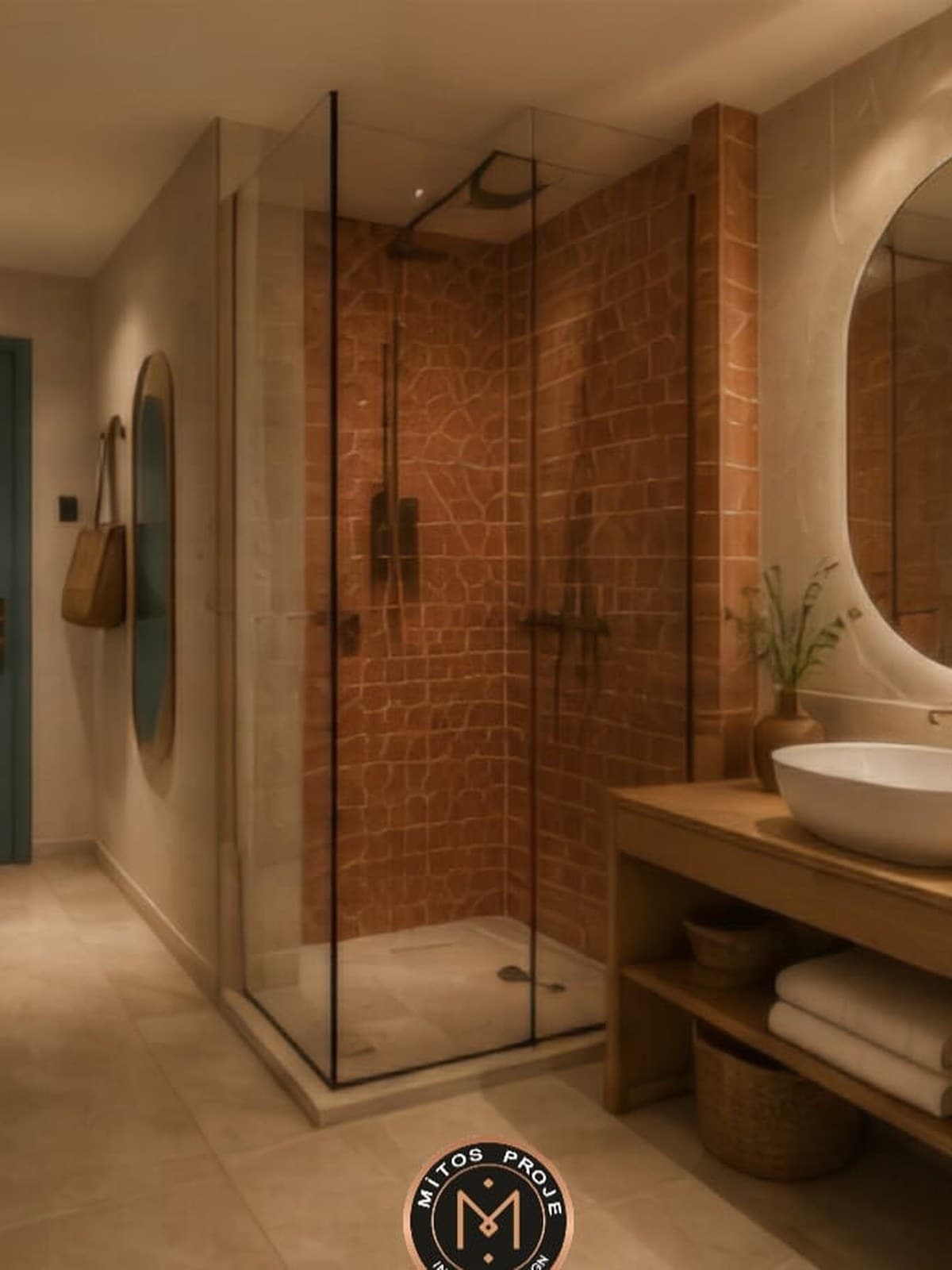 Ahşap tezgâhlı banyo, oval aynalı lavabo ve camekânlı duş